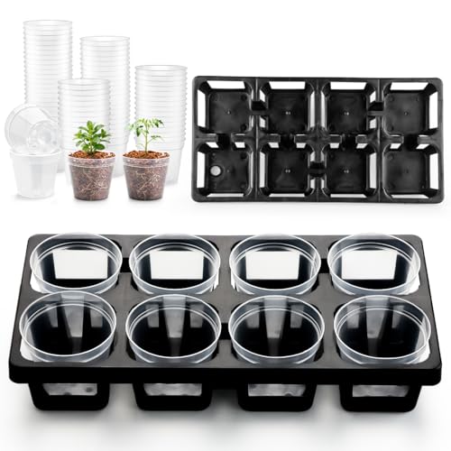 8 Cell Nursery Pot Trays 10 Pack (12"x6"x2") with 2.5 inch (6.5CM) Round Seedling Pots 80pcs (Clear), Plastic Seed Starter Tray with Removable Drain Holes for Carrying and Holding Plant Pot