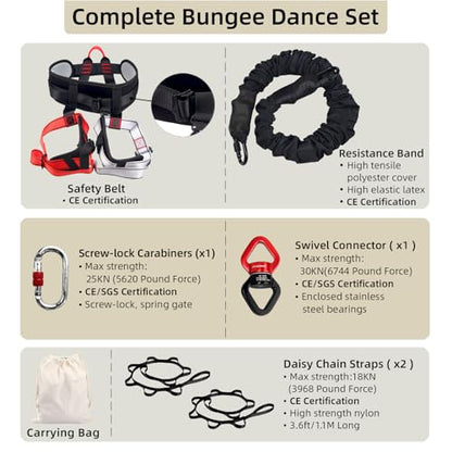 Bungee Fitness Set,CE Certified 6 Sizes(88-220 lbs)Bungee Cord Kit | 3.3ft/1M Elastic Bungee Rope w/1377 lbs MBL+Adjustable Harness+Rigging Hardware,Anti-Gravity Workout Kit for 88-220 lbs Uers - size: S 110-132 lbs