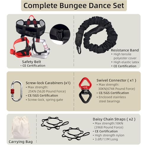 Bungee Fitness Set,CE Certified 6 Sizes(88-220 lbs)Bungee Cord Kit | 3.3ft/1M Elastic Bungee Rope w/1377 lbs MBL+Adjustable Harness+Rigging Hardware,Anti-Gravity Workout Kit for 88-220 lbs Uers - size: XXL 198-220 lbs