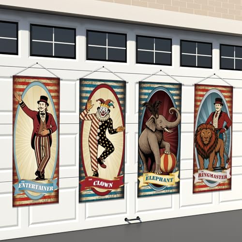 Panelee 4 Pcs Vintage Carnival Circus Party Decorations Circus Clown Elephant Ringmaser Porch Banner Side Show Party Hanging Backdrop for Halloween Birthday Baby Shower Wall Indoor Outdoor Decor - style: Vintage Circus