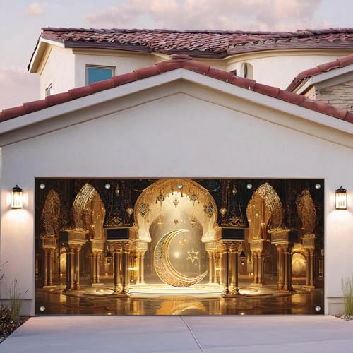 HOMETITUTE Ramadan Backdrop Eid Mubarak Ramadan Garage Door Banner 13x6ft Eid Mubarak Large Background Crescent Moon and Star Mosque Arch Design for Eid Celebration Outdoor Ramadan Decorations for Home