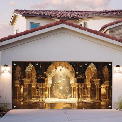 HOMETITUTE Ramadan Backdrop Eid Mubarak Ramadan Garage Door Banner 13x6ft Eid Mubarak Large Background Crescent Moon and Star Mosque Arch Design for Eid Celebration Outdoor Ramadan Decorations for Home