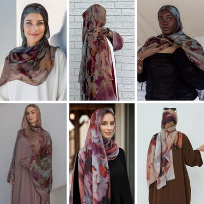 ZGMYC Watercolour Floral Printed Hijab Scarf for Women Soft Modal Cotton Instant Hijab Head Wraps Shawls Long Scarves - color: Color 1