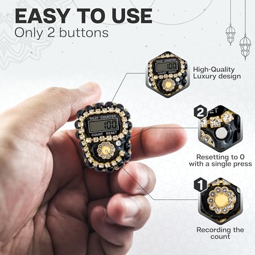 Islamic Tasbih Prayer Beads & Digital Tasbeeh Counter Set – 3 Pack Muslim Prayer Gift for Dhikr, Meditation & Ramadan, Elegant Beads with LCD Finger Counter in Heart-Shaped Gift Box (Black) - color: Black