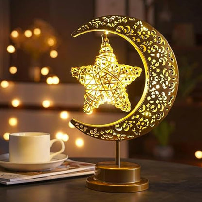 Lifnatty Ramadan Decorations Moon Lamp, Ramadan Decor for Home, Eid Mubarak Decorations, Ramadan Eid Gifts, Enchanted Lunar Table Lamp, Half Moon Lights, Battery Operated Moon Star Night Light - style: Moon Star Lamp