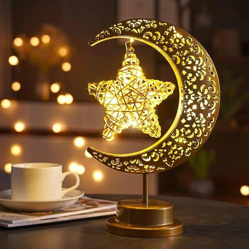 Lifnatty Ramadan Decorations Moon Lamp, Ramadan Decor for Home, Eid Mubarak Decorations, Ramadan Eid Gifts, Enchanted Lunar Table Lamp, Half Moon Lights, Battery Operated Moon Star Night Light - style: Moon Star Lamp
