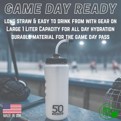 1 Liter Water Bottle with Straw | Hockey Water Bottle with Long Straw | Easy Squeeze Bottles + Built In Finger Grip | BPA-Free Sports Water Bottle for Football, Lacrosse & Boxing | Made in USA - size: 1 Pack