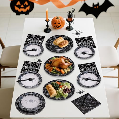 96 Pcs Halloween Plates and Napkins Set - Black Spider Webs Dinner Dessert Paper Plates Cocktail Napkins Forks Disposable Tableware for Spiderweb Halloween Party Decorations Supplies Favors, Serve 24 - style: Halloween