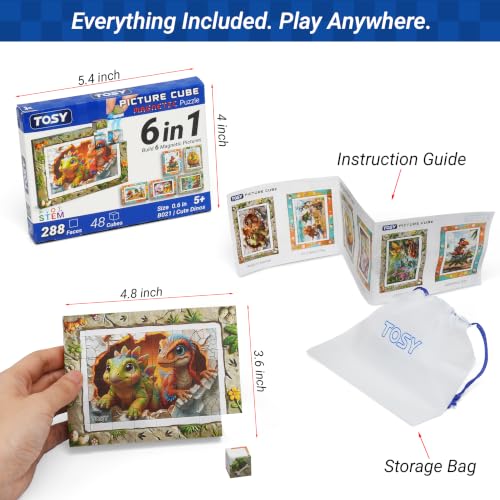 TOSY Picture Cube Cute Dinos: 6-in-1 Magnetic Picture Puzzle, Easter Basket Stuffers STEM Gift for Kids & Adults, 48 Blocks, 288 Puzzle Faces, 0.6 in, B021, Seamless UV Art, Display-Ready Frame