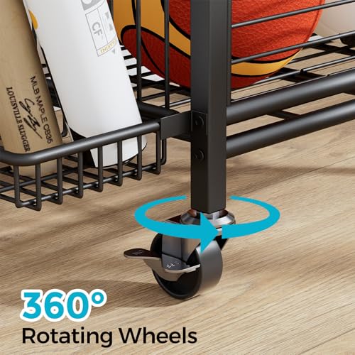 Sports Equipment Storage Rack with Wheels, 3-Tier Ball Organizer | Large Capacity Sports Gear & Toy Organizer with Racket Slots, Hooks, for Garage, Home Gym & Backyard, 31" W