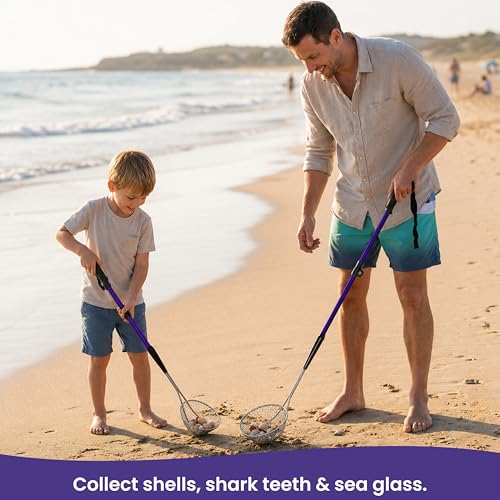 VOS Sand Sifter 2-Pack | Adjustable Handle 21"–33" | Stainless Steel Beach Scoop for Seashells, Shark Teeth & Sea Glass | Lightweight Aluminium, Rust-Resistant – Blue - color: Blue