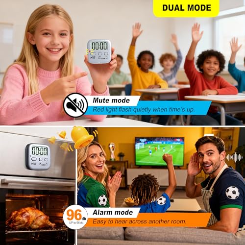 2 Pack Digital Timer for Kids Classroom Kitchen Timers for Cooking | w/ Battery, Easy to View, Alarm, Mute Mode, Count Down/Up, Magnetic, Kickstand, Hanging, Classroom Timer for Teacher Supplies - color: Space Grey