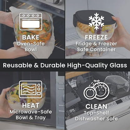 Bentgo Glass Salad Container - 7.6-Cup Salad Bowl with Airtight Lid, Leak-Proof Sauce Container, 4-Compartment Bento Tray & Reusable Fork - BPA-Free for Meal Prep, Office & More (Black Onyx) - color: Black Onyx