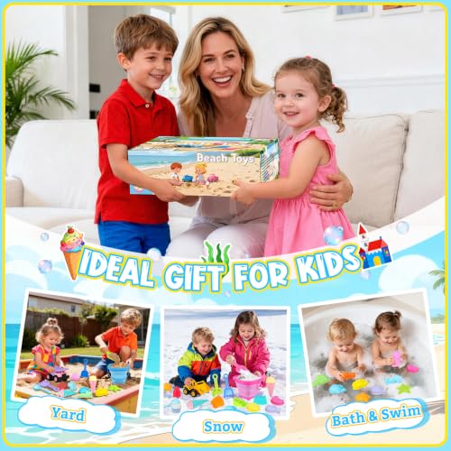 EULRGAUS Beach Toys with 2 Trucks, Collapsible Buckets for Kids Ages 3-12 | 2 Construction Vehicles, Sand Molds, Mesh Bags for Sandbox, Backyard, Summer Trips, Beach Games, Multi-Scene Outdoor Fun
