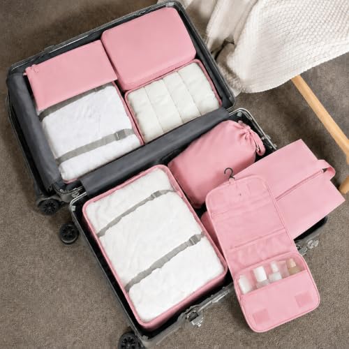 8-Piece Packing Cubes Set with Hooks, Travel Essentials - Packing Cubes for Travel, Organizer Bags for Underwear, Cosmetics, Bras, Clothes & Toiletries（Pink） - color: Pink - Hook Storage Bag