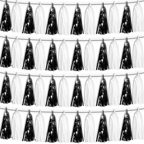 4P Black White Tassel Banner Garland Metallic Foil Fringe Banner Tinsel Tassels Streamer Banner Backdrop for Parade Floats Graduation, Halloween, Christmas, Father's Day Party Decorations - color: Black White