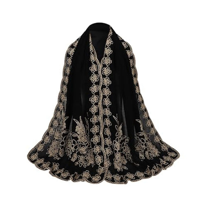 OhMill Black Hijab Scarf Soft Floral Embroidered Chiffon Headscarf Lightweight Lace Scarves Long Shawl Wrap for Women Wedding - color: Flower 2