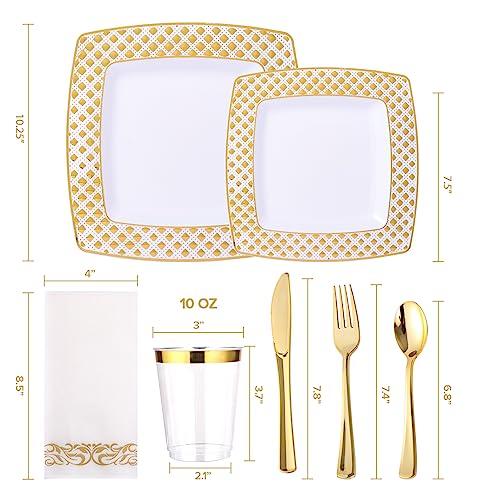 FOCUSLINE 175 Ct Gold Dinnerware Set for 25 Guests - Square Plastic Plates with Diamond Rim, Including 25 Disposable Dinner & Dessert Plates, Napkins, Cups, Cutlery - color: Gold Diamond Rim Plates
