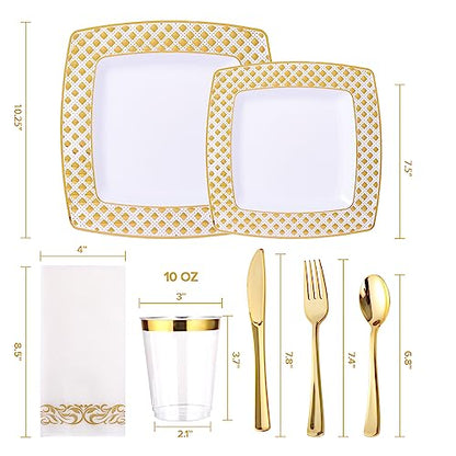 FOCUSLINE 175 Ct Gold Dinnerware Set for 25 Guests - Square Plastic Plates with Diamond Rim, Including 25 Disposable Dinner & Dessert Plates, Napkins, Cups, Cutlery - color: Gold Diamond Rim Plates