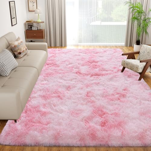 Dssimo Pink and White Rug for Living Room Bedroom,5x7 Soft Shaggy Area Rug - color: Tie-dye Pink, size: 5' x 7' (Rectangular)