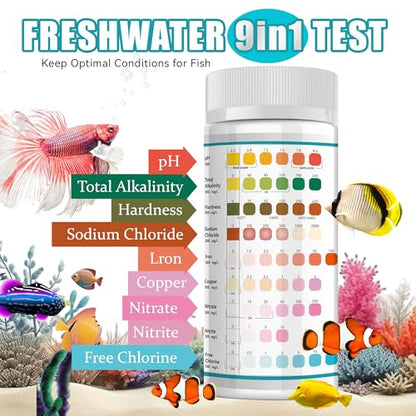 9-Way Aquarium Test Strips,50 Strips Aquarium Test Kit for Fish Tanks & Ponds, Quick & Accurate Water Testing Iron Copper Sodium Chlorine Nitrate Nitrite Total Alkalinity Hardness Free Chlorine pH - color: 9 way aquarium test strips