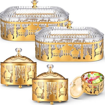 4 Pcs Ramadan Trays with Lid Gold Eid Mubarak Tray Plates Ramadan Moon Candy Dish Table Decorations Food Serving Tray Islam Muslim Al-fitr Cookie Storage Container for Eid Party Supplies