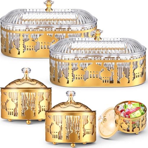 4 Pcs Ramadan Trays with Lid Gold Eid Mubarak Tray Plates Ramadan Moon Candy Dish Table Decorations Food Serving Tray Islam Muslim Al-fitr Cookie Storage Container for Eid Party Supplies