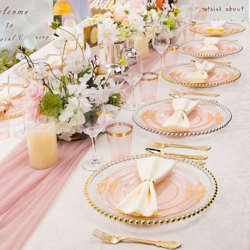 Hioasis 175pcs Pink and Gold Plates - Pink Party Plates for 25 Guest, Include 50 Heavy-duty Plates(20% Thicker Than Standard), 75 Cutlery Set, 25 Napkin, 25 Cups for Party & Easter - color: Pink and Gold