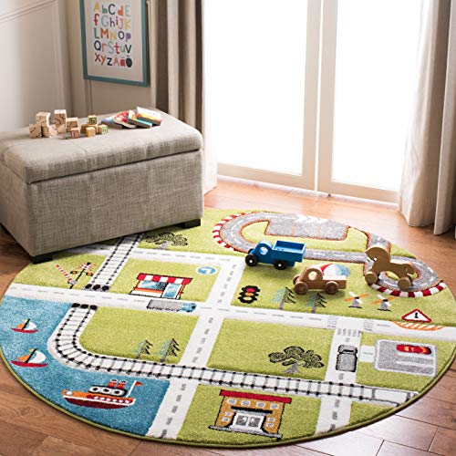 SAFAVIEH Carousel Kids Collection 4' Round Green / Ivory CRK192Y Neighborhood Nursery Playroom Area Rug - color: Green/Ivory, size: 4' (Round)