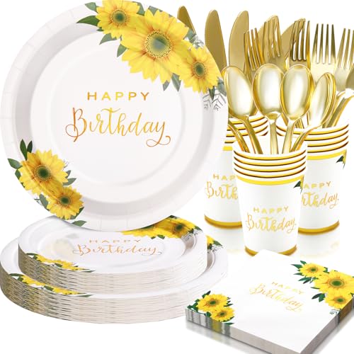 168Pcs Sunflower Birthday Decorations for Women Girls, Happy Birthday Plates and Napkins for Women, Sunflower Plates Serve 24, Yellow Party, Spring Summer Fall Easter Mothers Day - color: Sunflower
