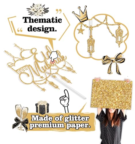 Eid Mubarak Cake Topper, Happy Eid Al-Fitr/Eid al-Adha Fastival Decorations, Islamic Muslim Tranditional Festival Party Decoration Supplies, Hajj Mubarak Decor Gold Glitter