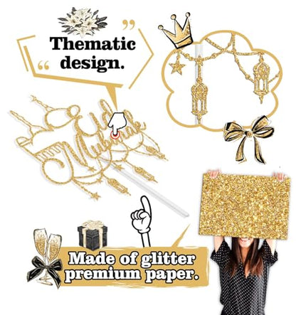 Eid Mubarak Cake Topper, Happy Eid Al-Fitr/Eid al-Adha Fastival Decorations, Islamic Muslim Tranditional Festival Party Decoration Supplies, Hajj Mubarak Decor Gold Glitter