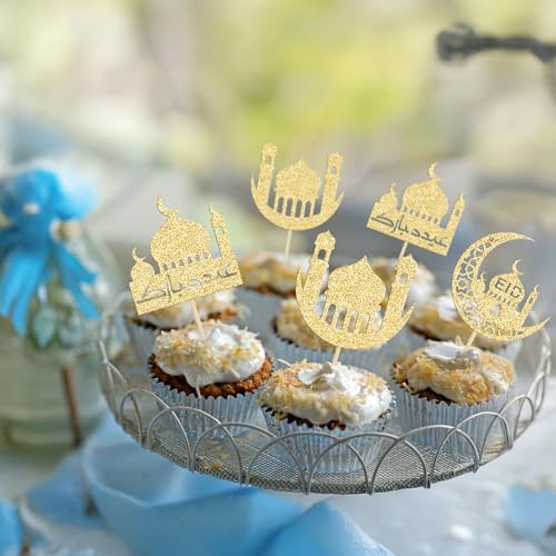 24 Pack Eid Mubarak Cupcake Toppers Glitter Star Ramadan Kareem Cupcake Pick Moon Star Eid Islamic Muslim Theme Party Cake Decoration Supplies Gold - color: Gold