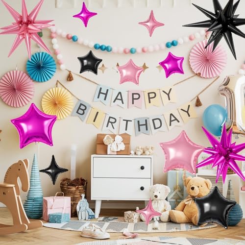 Black Hot Pink Star Balloons,16Pcs 22/18/10 Inch Foil Mermaid Decor Set - color: Black Hot Pink