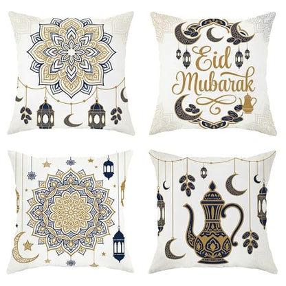 Lantern Throw Pillow Covers Set of 4, Islamic Festive Crescent Star Eid Gold with Hidden Zipper Cushion Covers Pillow for Home Bedroom Living Room Sofa Couch Decor 22x22 Inch - size: 22" x 22" (Pack of 4)