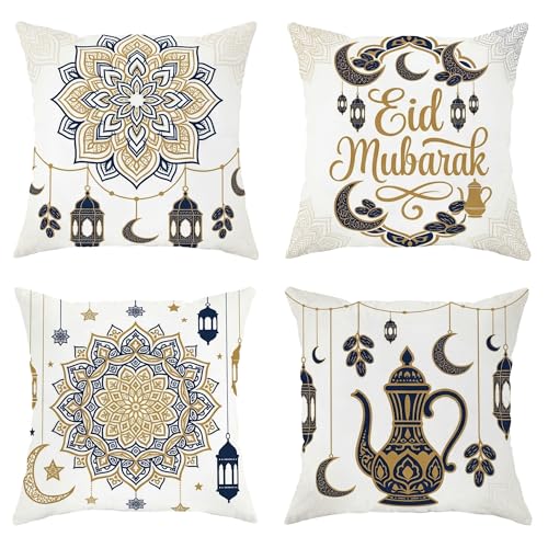 Lantern Throw Pillow Covers Set of 4, Islamic Festive Crescent Star Eid Gold with Hidden Zipper Cushion Covers Pillow for Home Bedroom Living Room Sofa Couch Decor 22x22 Inch - size: 22" x 22" (Pack of 4)