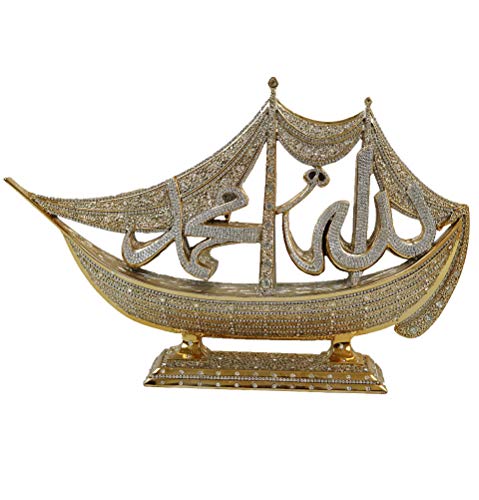 Modefa Turkish Islamic Table Decor - Unique Sailboat Shaped Showpiece Sculpture - Ramadan Eid & Special Occasion Gift - Allah & Muhammad in Intricate Arabic Calligraphy (Gold) - color: Gold