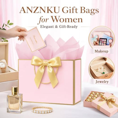 ANZNKU 2PCS Gift Bags for Women 12.6" Medium Pink Gift Bags with Handles 4 Tissue Paper 2 Ribbons 2 Cards, Cute Bag for Gifts Wedding Favors Birthday Engagement Bridal Baby Shower Party Presents - color: Soft Pink