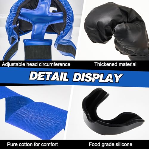 Kanayu 12 Pcs Kids Boxing Equipment Set for Beginners Ages 6-18 Years Including Boxing Helmet and Gloves Hand Wraps Sport Mouthguards Taekwondo Sparring Gear for Kids and Children - color: Blue, Black