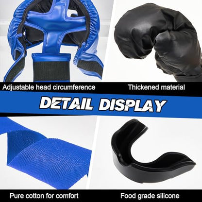 Kanayu 12 Pcs Kids Boxing Equipment Set for Beginners Ages 6-18 Years Including Boxing Helmet and Gloves Hand Wraps Sport Mouthguards Taekwondo Sparring Gear for Kids and Children - color: Blue, Black