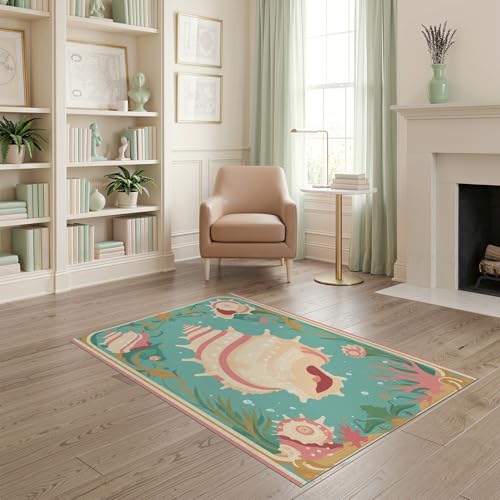 4'x6' Washable Vintage Shell Accent Rug, Seafoam Green Non-Shedding Small Carpet for Playroom, Bedroom, Reading Nook, Pet Friendly & Non-Slip | Ref:1952455 - color: Green/Pattern 1, size: 4' x 6' (Rectangular)
