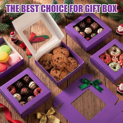 Zonon 30 Pcs Kraft Paper Boxes with Window 4.13 x 4.13 x 1.18 Inch Candy Packaging, Small Gift Boxes, Soap holder, Mini Treat Packaging for Bakery Chocolate Jewelry Display (Purple) - color: Purple