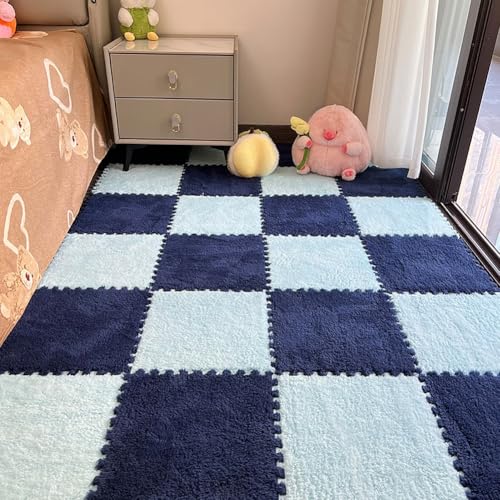 12pcs Carpet Squares Puzzle Floor Mat, Plush Interlocking Carpet Tiles, Anti Slip EVA Foam Jigsaw Floor Tiles, Build A Safe Area for Bedroom Playroom (Blue+Nazy) - color: Blue+navy