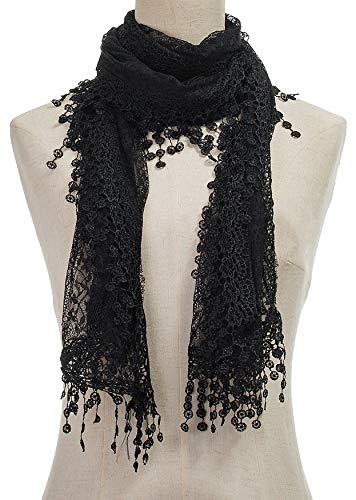 Cindy & Wendy Lightweight Soft Leaf Lace Fringe Scarf Bridal Shawl for Women - color: Black-2