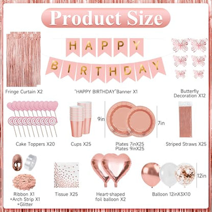 Rose Gold Butterfly Birthday Decorations Kit, All in One Pink Happy Birthday Banner Fringe Curtain Heart Foil Balloons Tableware Set, Girls Women Birthday Party Supplies Backdrop Decor - style: Sweet Rose Gold
