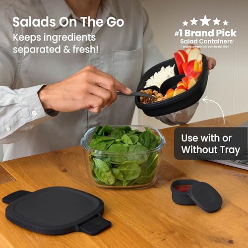 Bentgo Glass Salad Container - 7.6-Cup Salad Bowl with Airtight Lid, Leak-Proof Sauce Container, 4-Compartment Bento Tray & Reusable Fork - BPA-Free for Meal Prep, Office & More (Black Onyx) - color: Black Onyx
