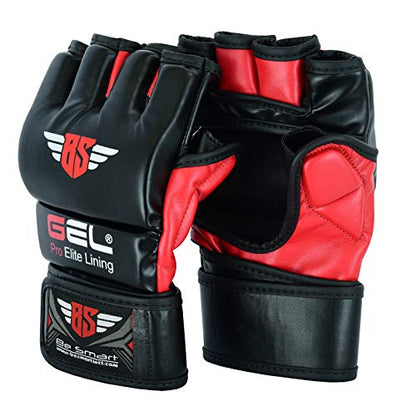 Be Smart Auth. Rex Leather MMA Grappling Gloves Boxing Punch Bag UFC Gel Tech Muay Thai (Black & Red, Small)