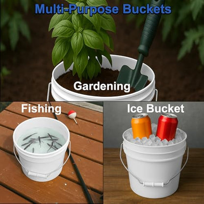 1-Gallon Bucket with Airtight Lid – Made in USA, Food Grade BPA Free Plastic, Heavy Duty Multi-Use, Metal Handle with Grip, Stackable Storage – White, 5 Pack - color: White, size: 5