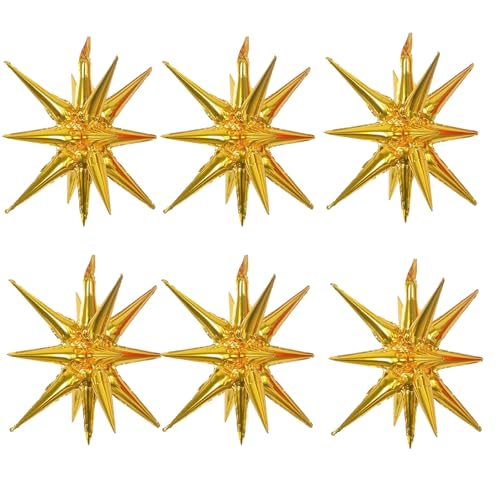 6 Pcs Gold Star Foil Balloons One-Piece 14-Pointed Star Balloon 4D Cone Mylar 22inch Christmas Birthday Wedding Fireworks Shape Party Supplies (Gold) - color: Gold