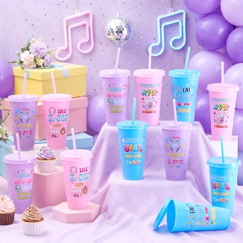 Chuangdi 12 Pcs Kpop Theme Party Supplies 24 oz Reusable Plastic Tumbler with Lid and Straw, K Pop Cups Bulk for Women Kpop Birthday Decorations Popular Singer Party Favors, Korean Music Lover Gifts - style: Kpop